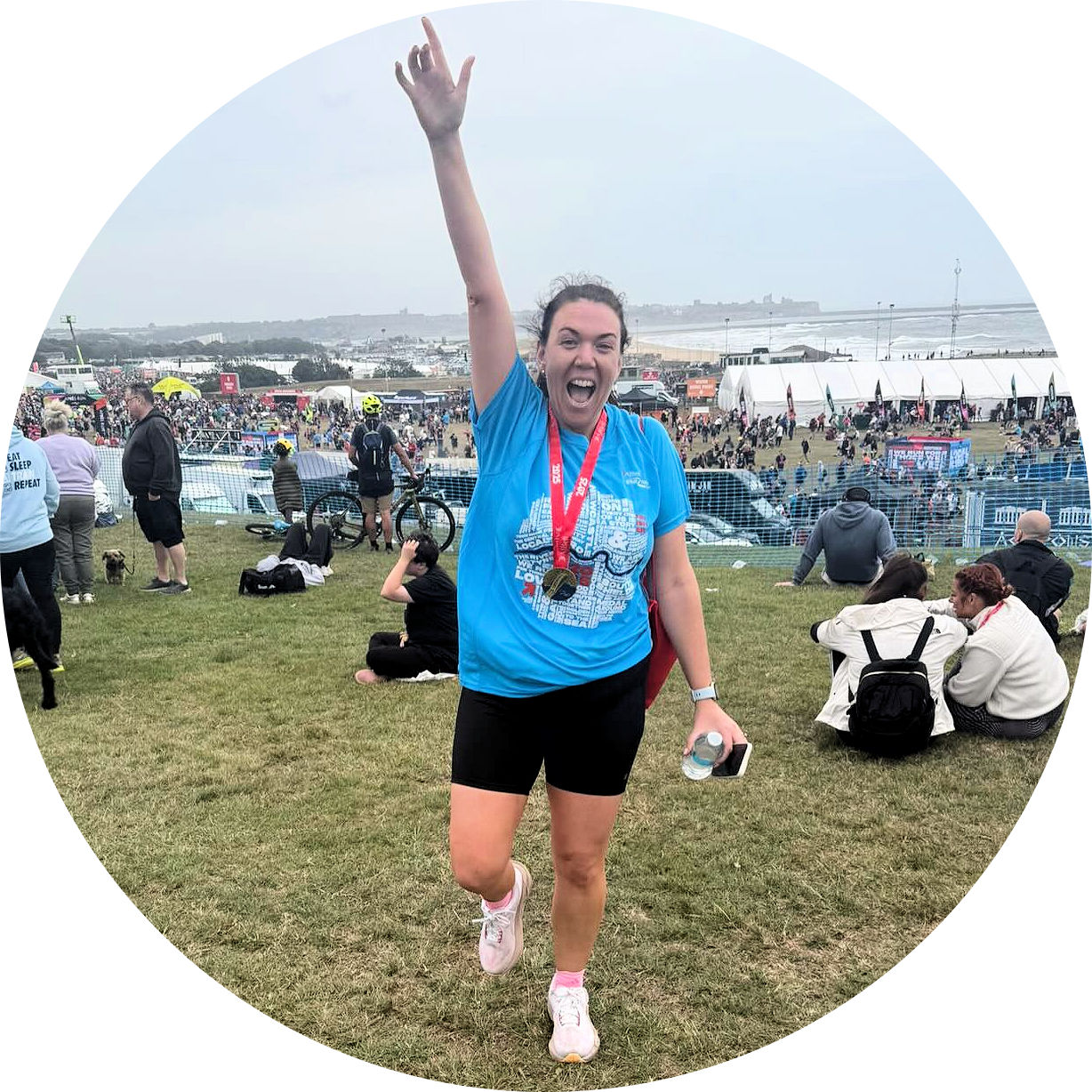 Nicola celebrating after completign a fundraising run 